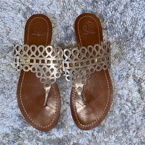 Tory Burch leather sandals gold crackle circle geometric design wide vamp 8 - Picture 1 of 5